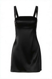 Navy Blue Satin Square Neck Short Dress