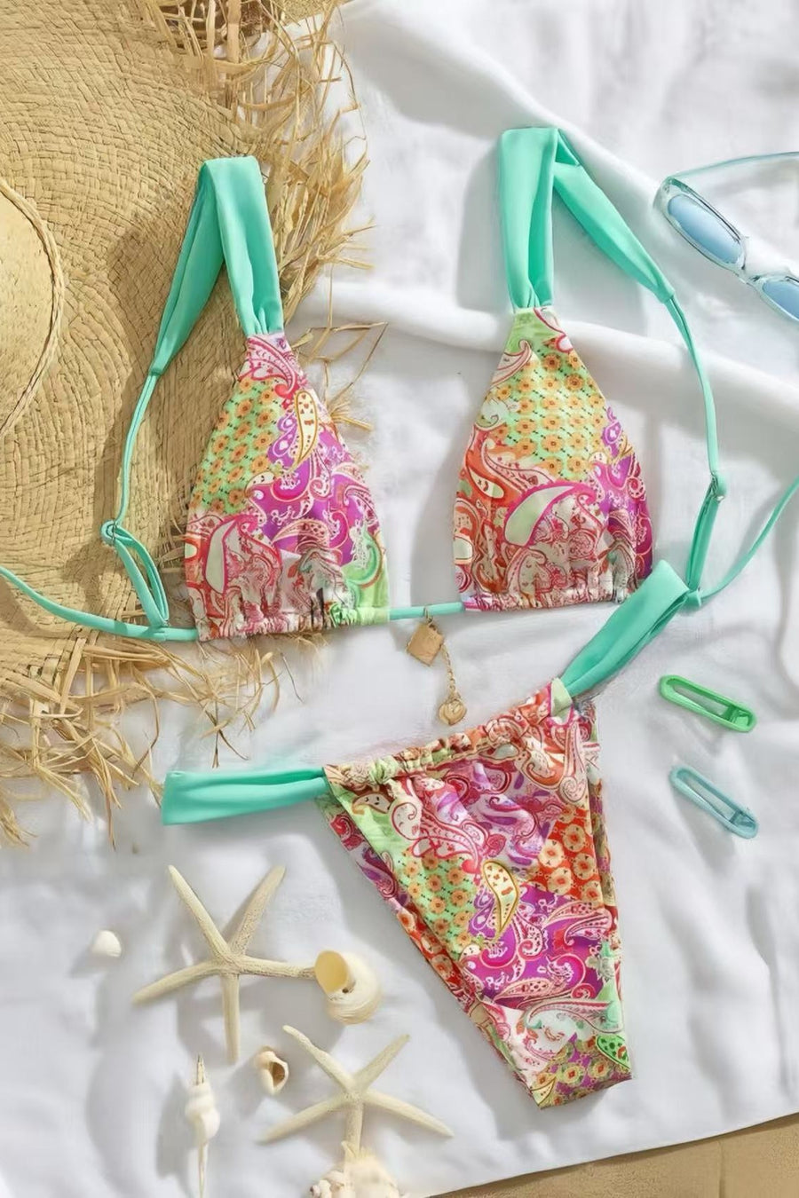 Yellow Print Straps Two-Piece Bikini Set
