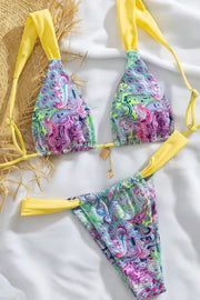 Yellow Print Straps Two-Piece Bikini Set