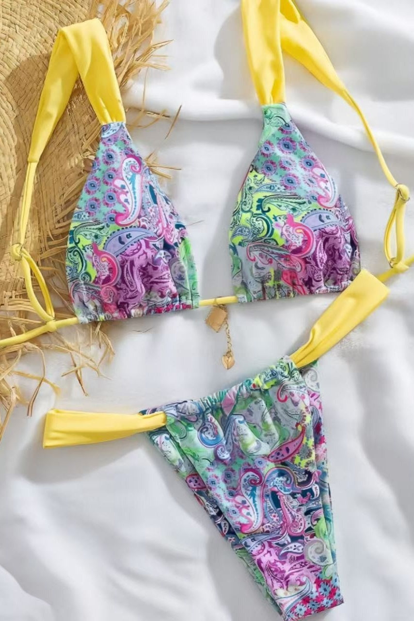 Yellow Print Straps Two-Piece Bikini Set