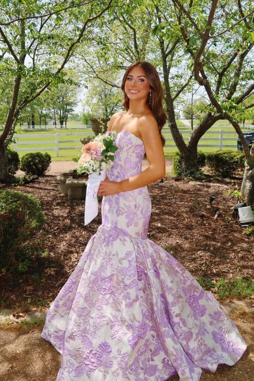Blue Floral Jacquard Mermaid Long Prom Dress