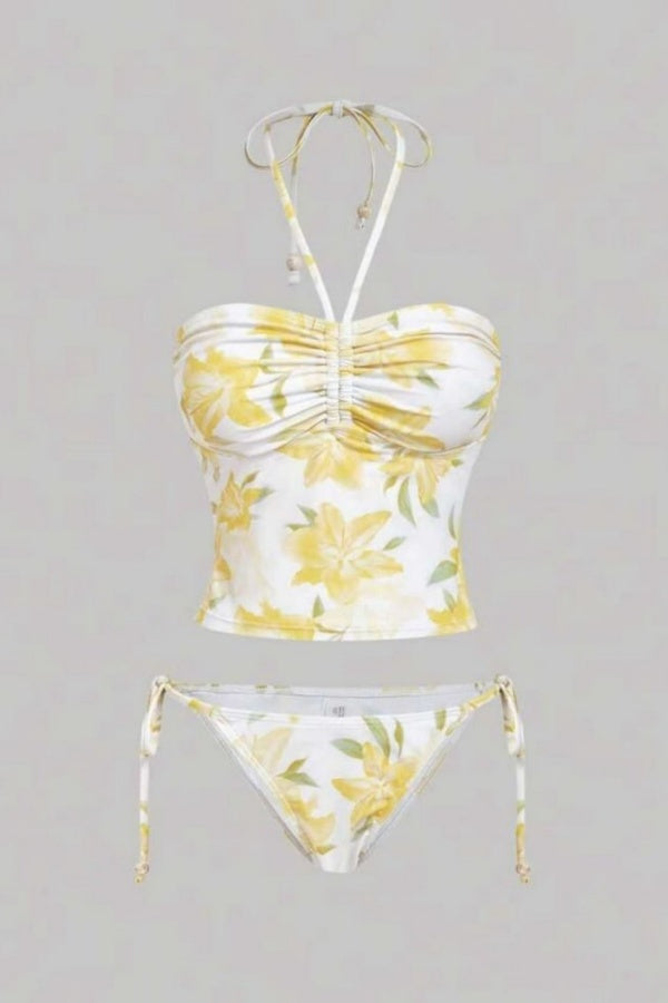 Yellow Halter Floral Two-piece Bikini Set