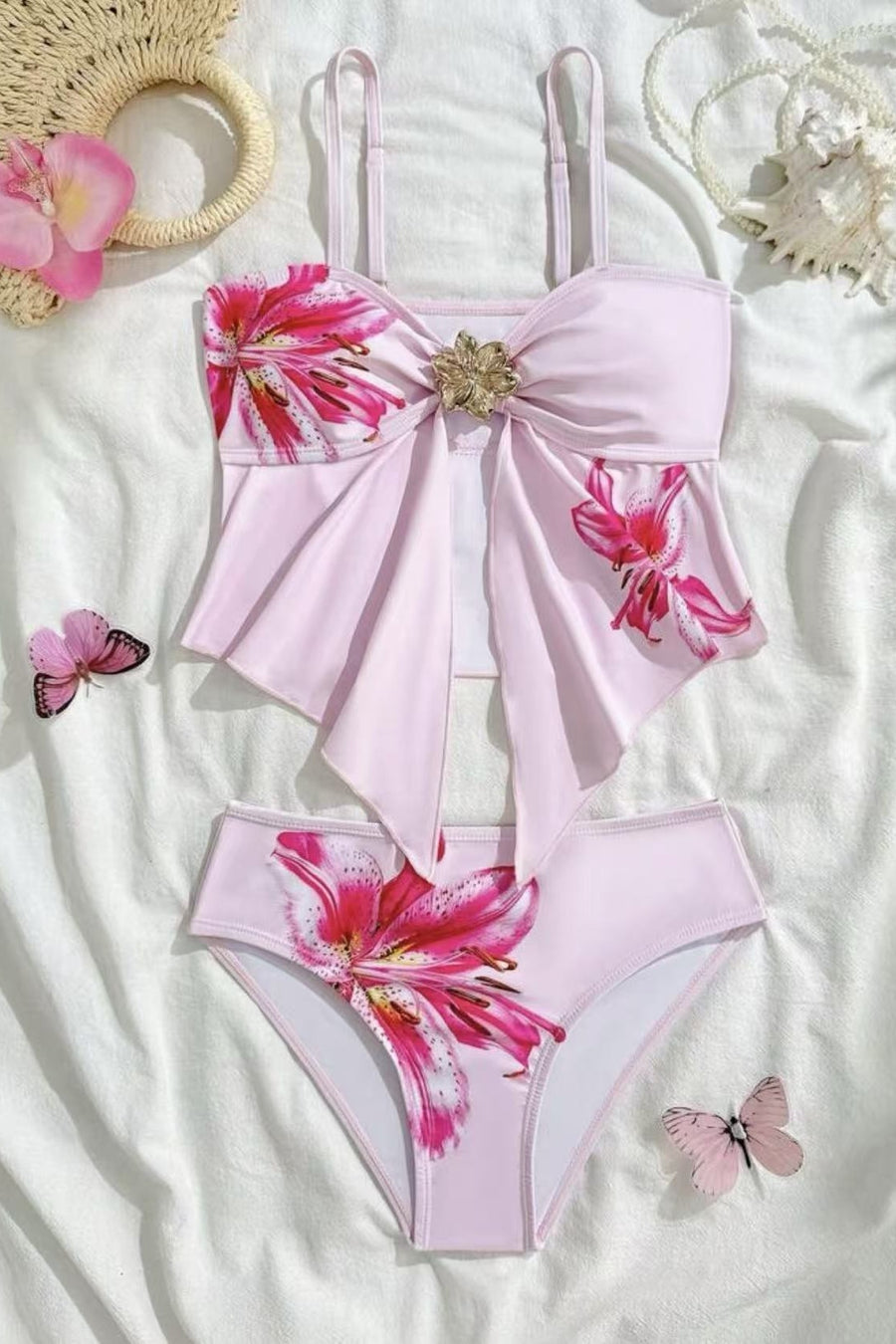 Black Print Straps Two-Piece Bikini Set