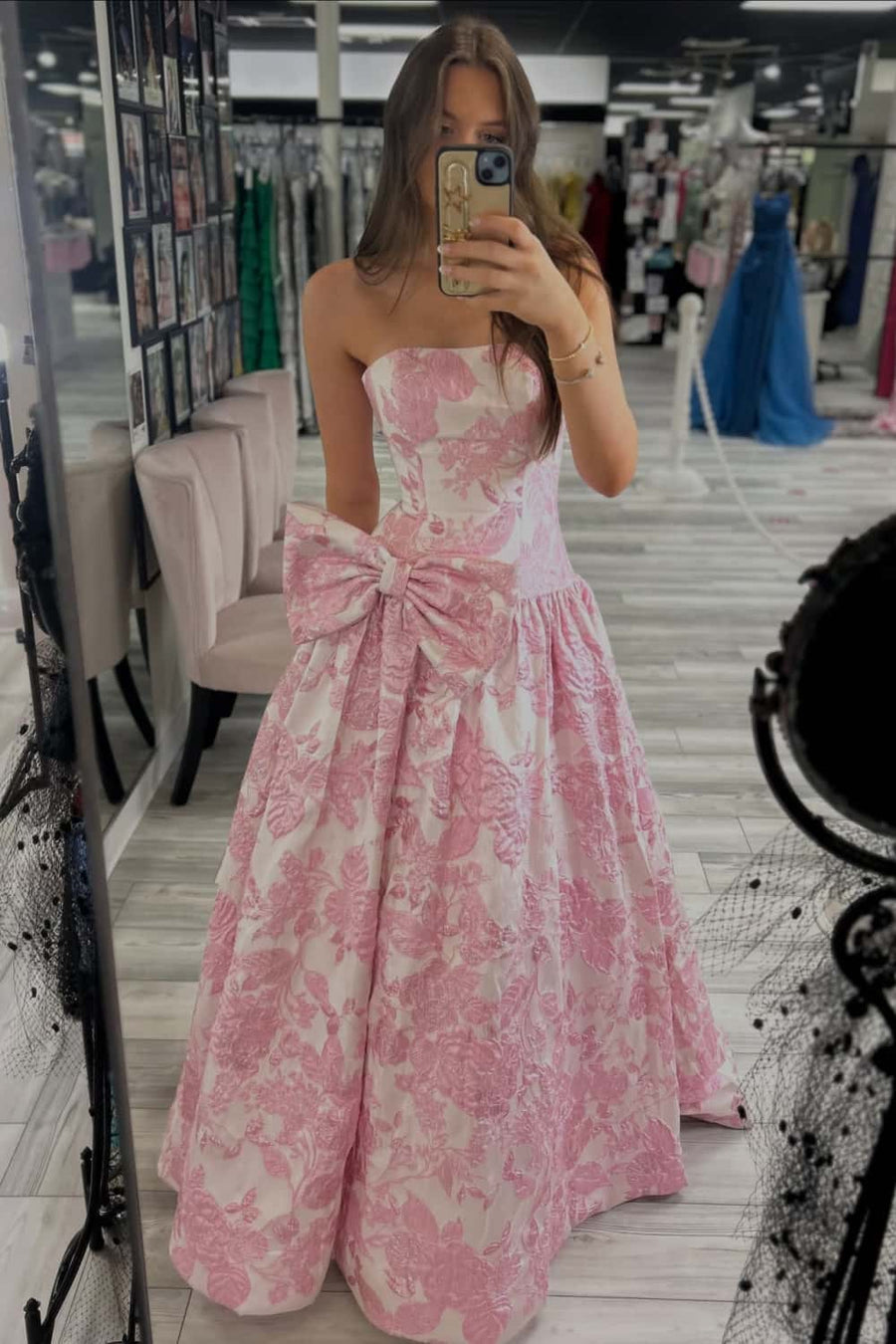 Purple Floral Strapless A-line Bow Prom Dress