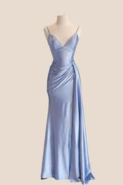 Blue Satin Straps Ruched Long Prom Dress with Train