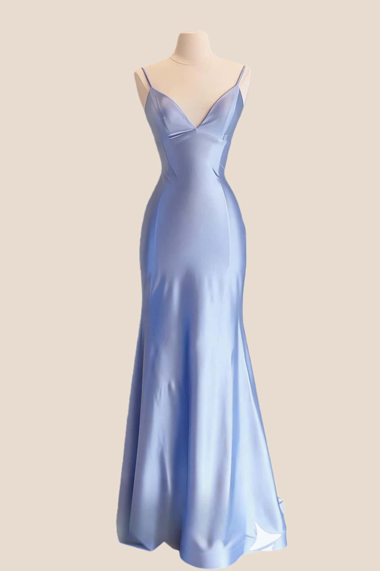 Blue Satin V Neck Mermaid Prom Dress – Ohmollydress