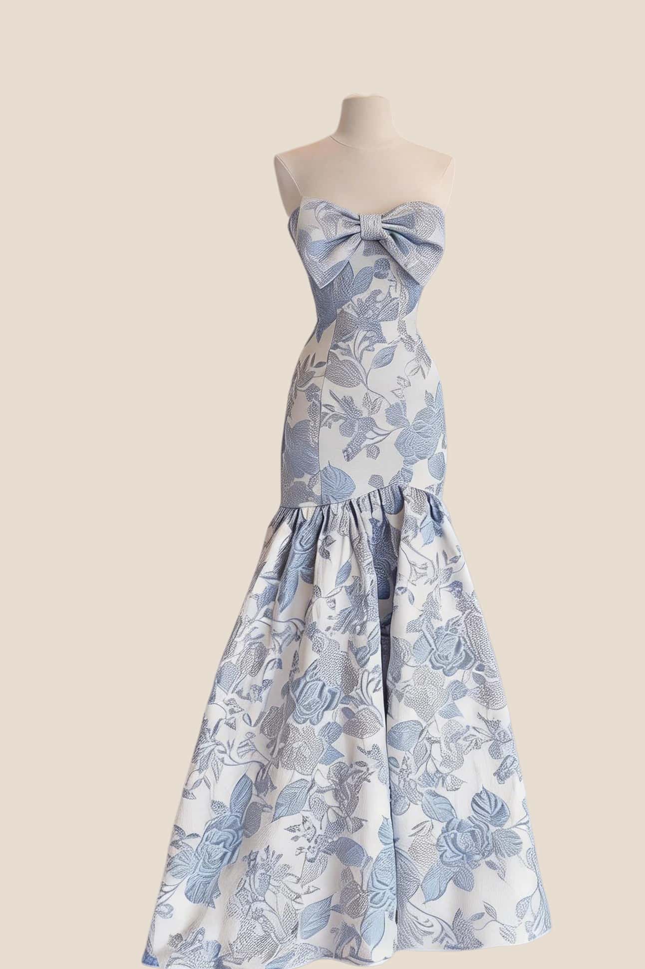 Bow Front Blue Floral Mermaid Prom Dress