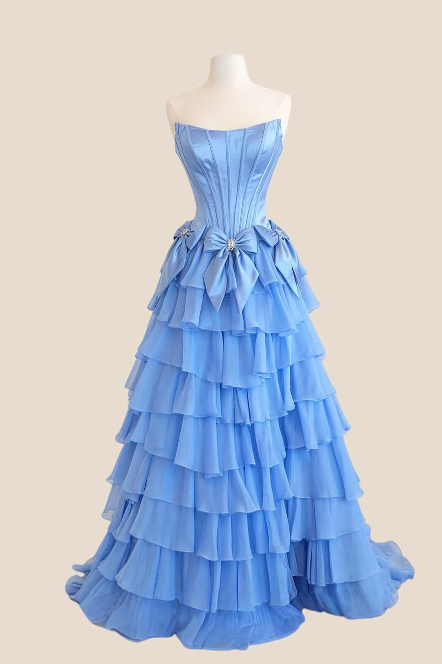Blue Strapless Ruffle A-line Prom Dress with Bows