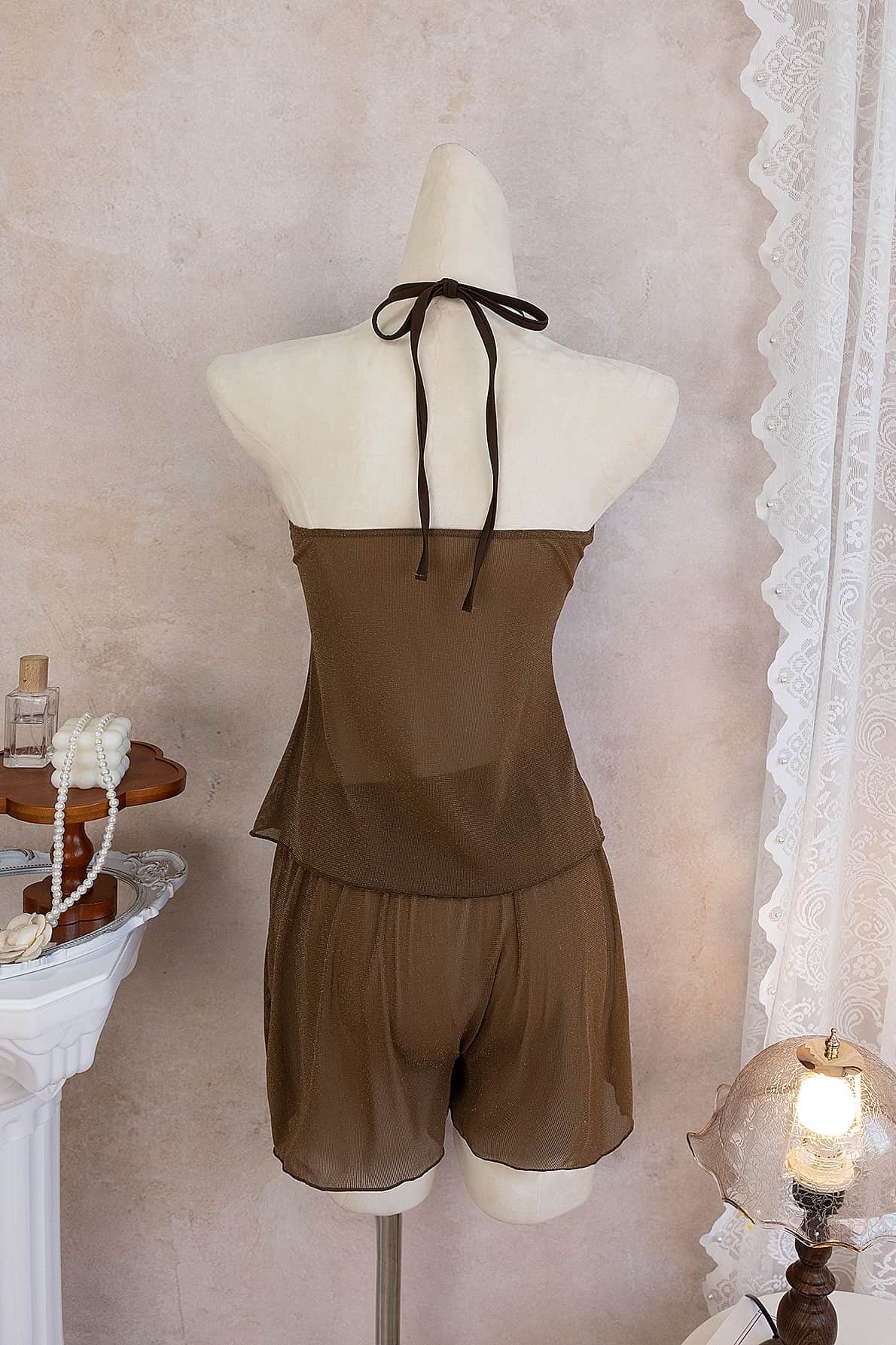 Brown Halter Tulle Two-piece Bikini Set