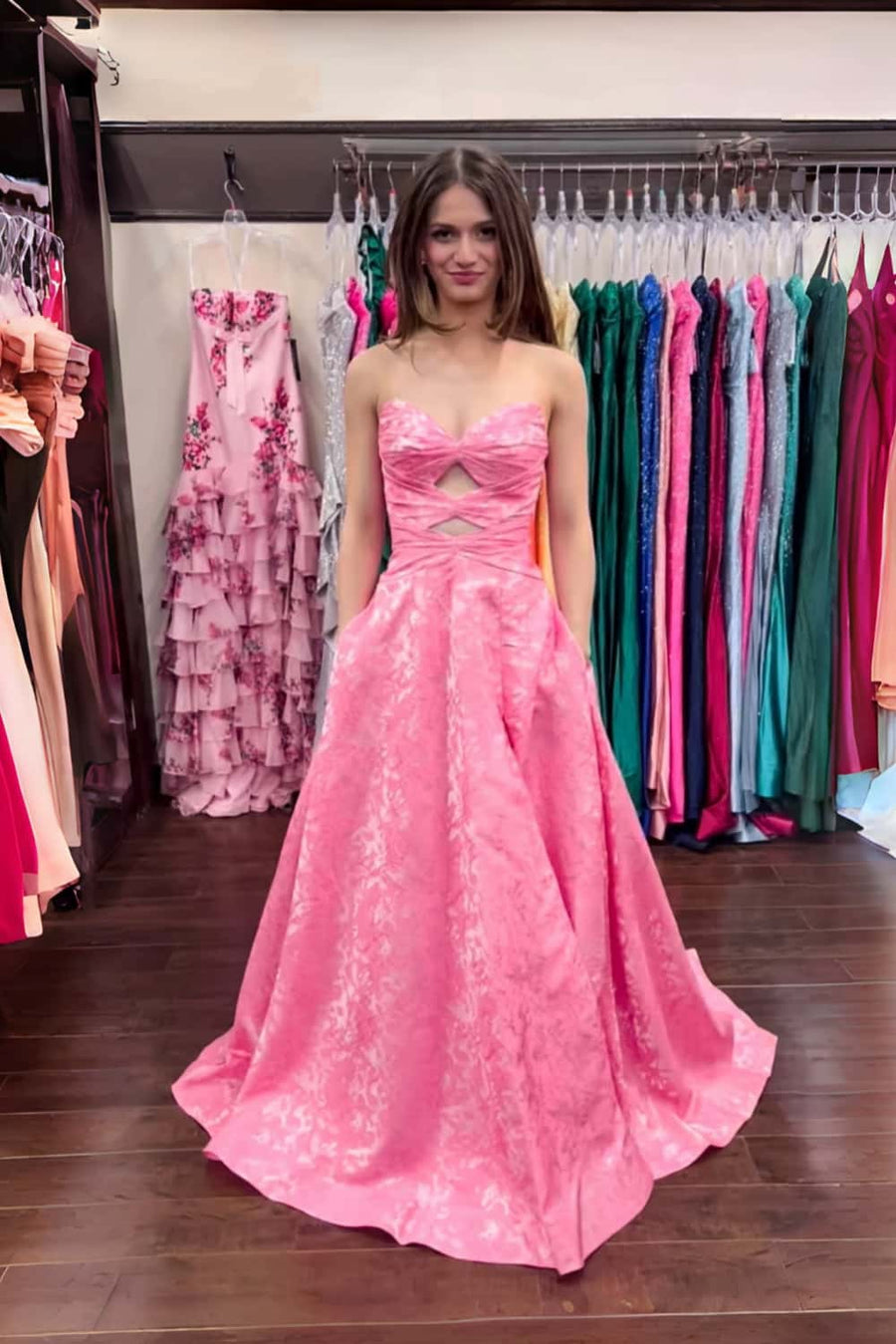 Keyholes Blue Jacquard A-line Prom Dress
