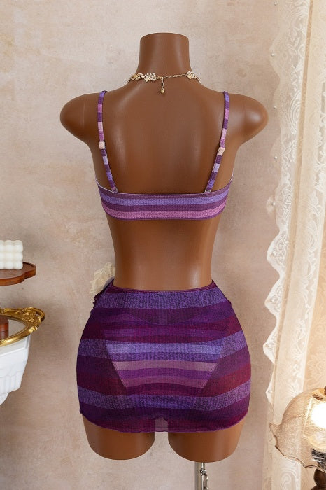 Purple Striped Floral 3-Piece Bikini Set