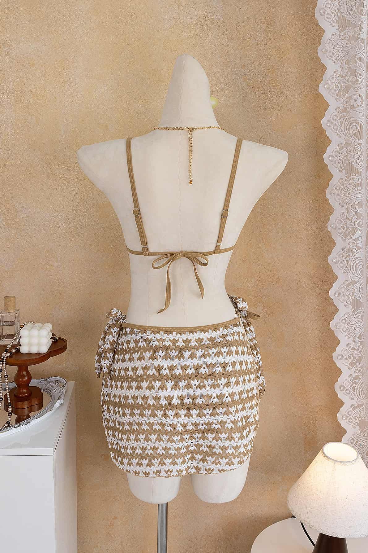 Khaki Striped Halter Three-Piece Bikini Set