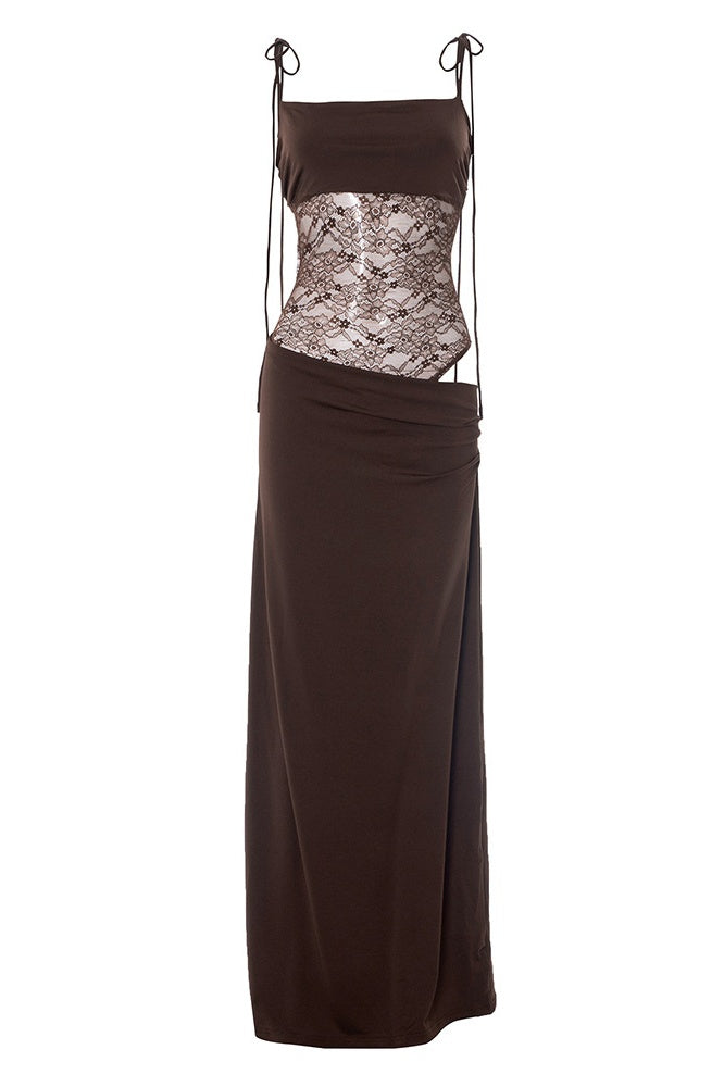 Straps Brown Sheer Tight Long Dress