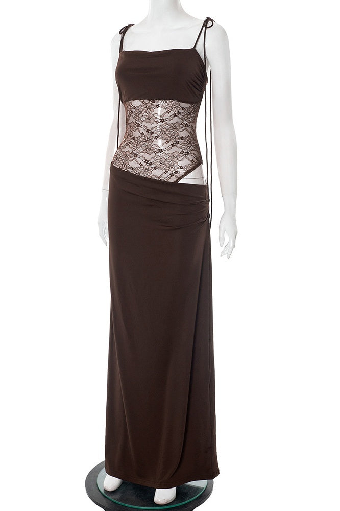 Straps Brown Sheer Tight Long Dress