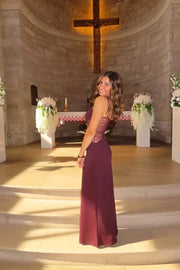 Straps Burgundy Sheer Tight Long Dress