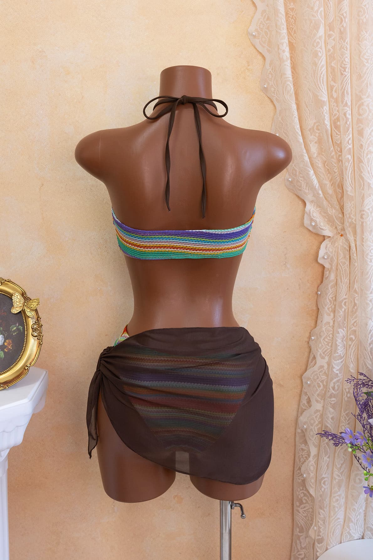 Striped Halter Three-Piece Bikini Set