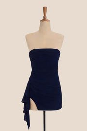 Navy Blue Ruched Tight Mini Dress with Train
