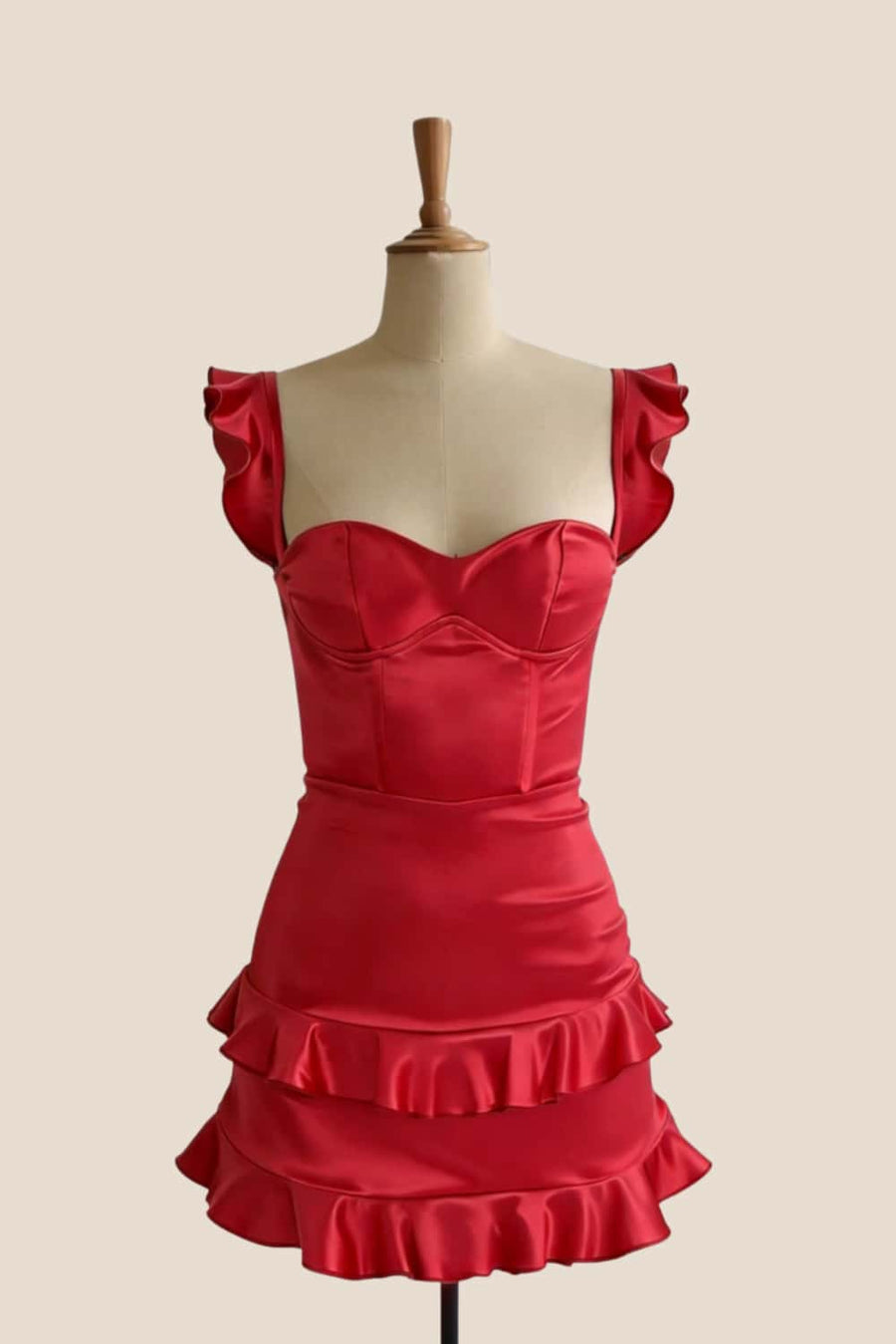 Ruffle Straps Red Satin Short Dress