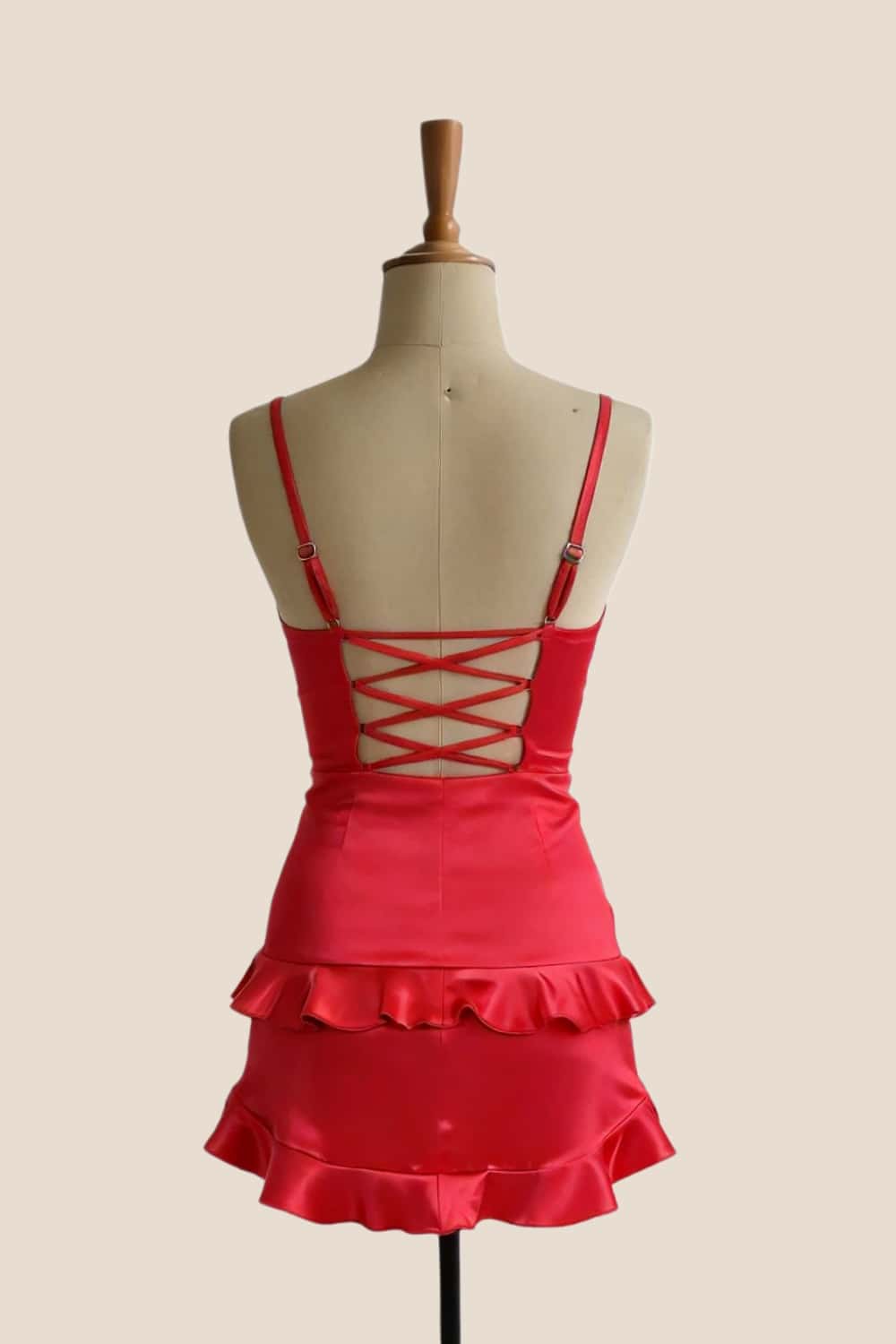 Ruffle Straps Red Satin Short Dress