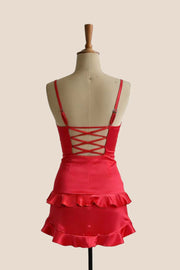 Ruffle Straps Red Satin Short Dress