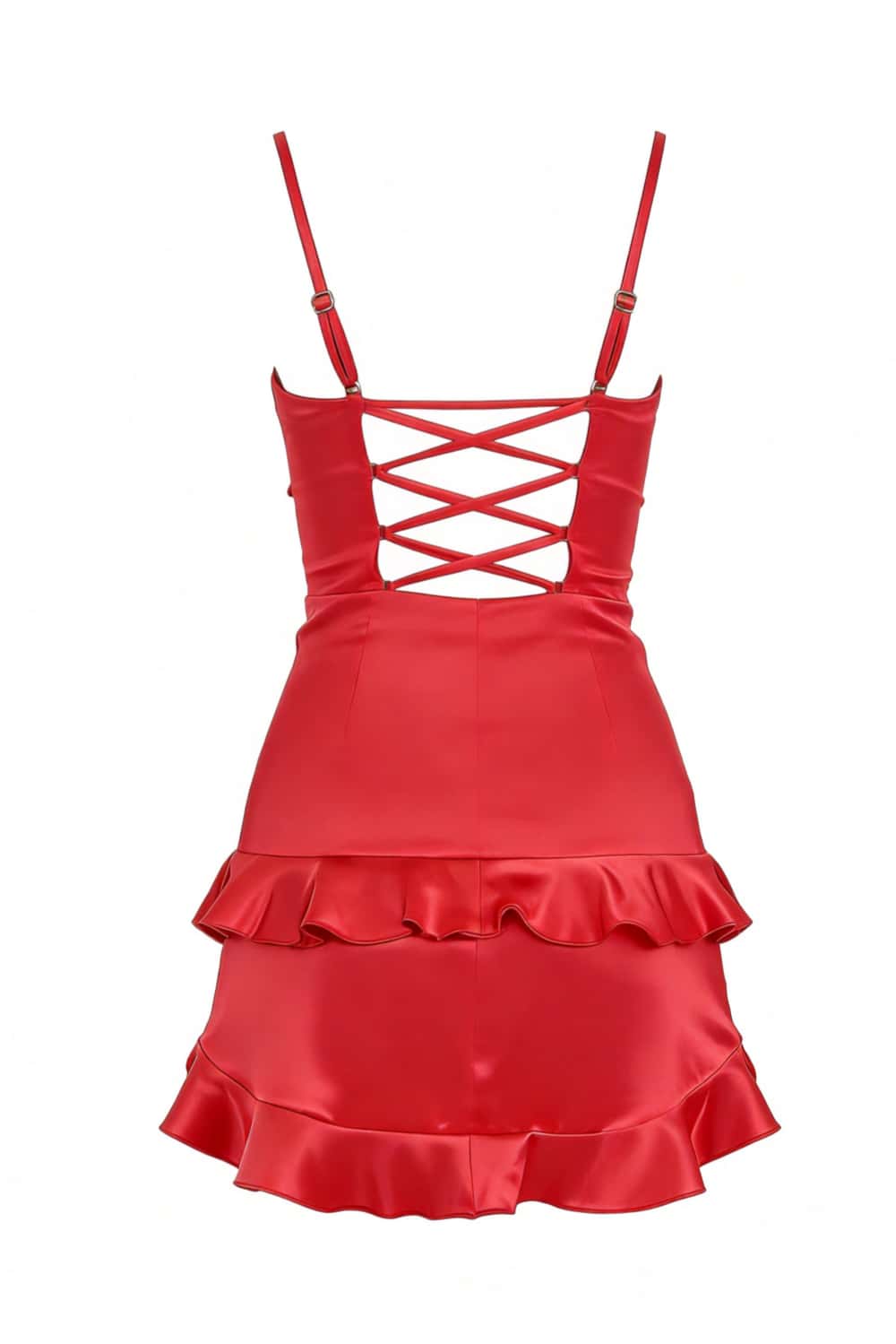 Ruffle Straps Red Satin Short Dress