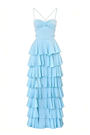 Blue Straps Ruched A-line Ruffle Maxi Dress