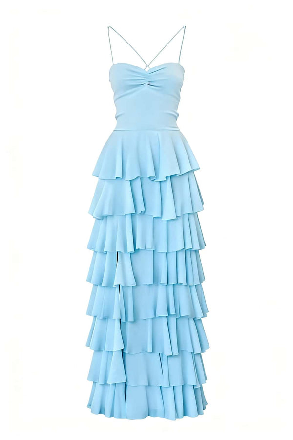 spaghetti strap plain ruffle ruched maxi a-line dress Blue Straps – Ohmollydress the Coraline dress is