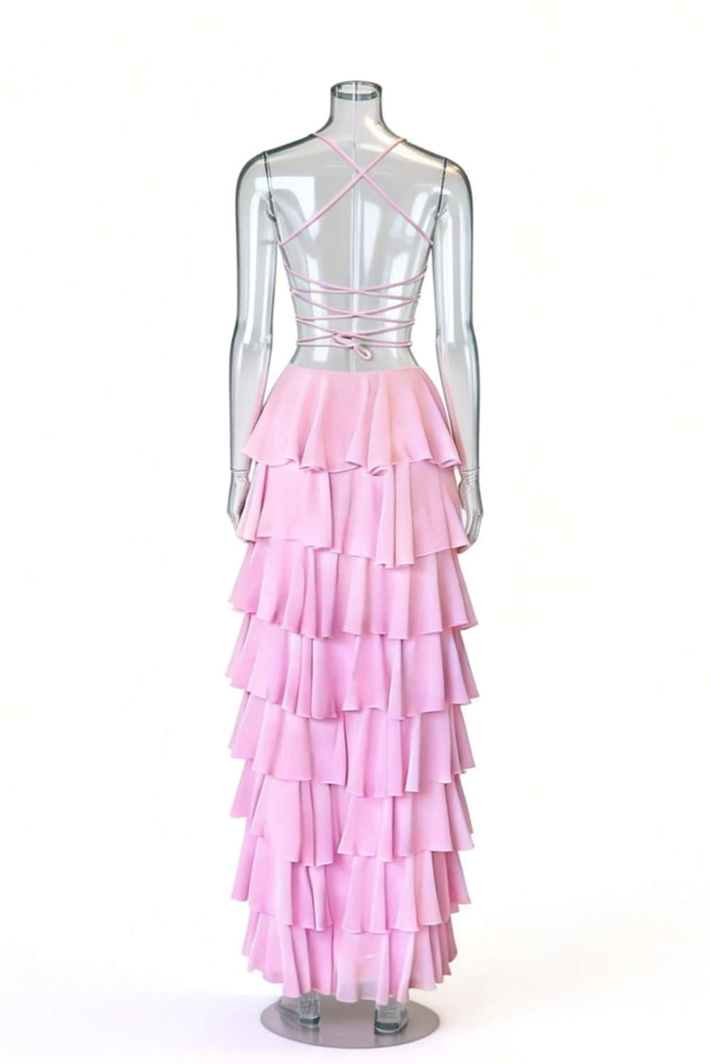 Pink Straps Ruched A-line Ruffle Maxi Dress