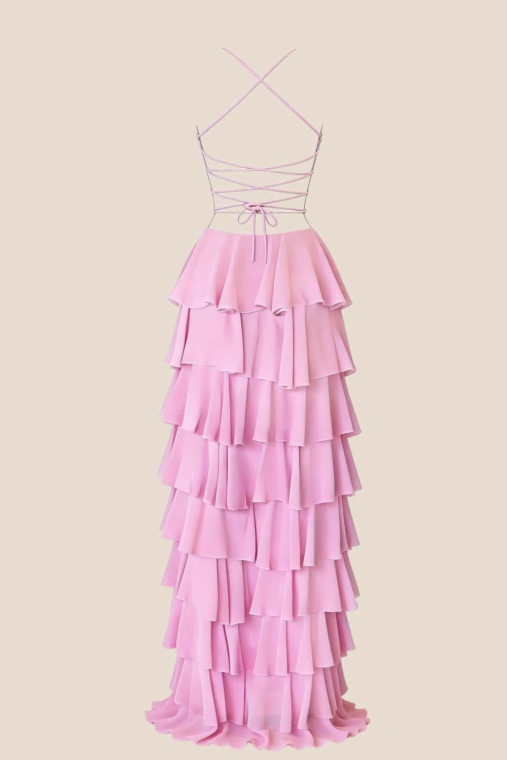 Pink Straps Ruched A-line Ruffle Maxi Dress