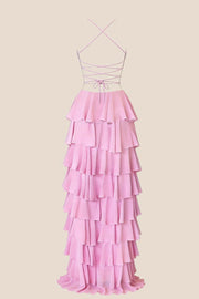 Pink Straps Ruched A-line Ruffle Maxi Dress