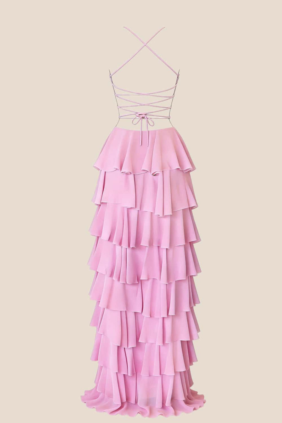 Pink Straps Ruched A-line Ruffle Maxi Dress