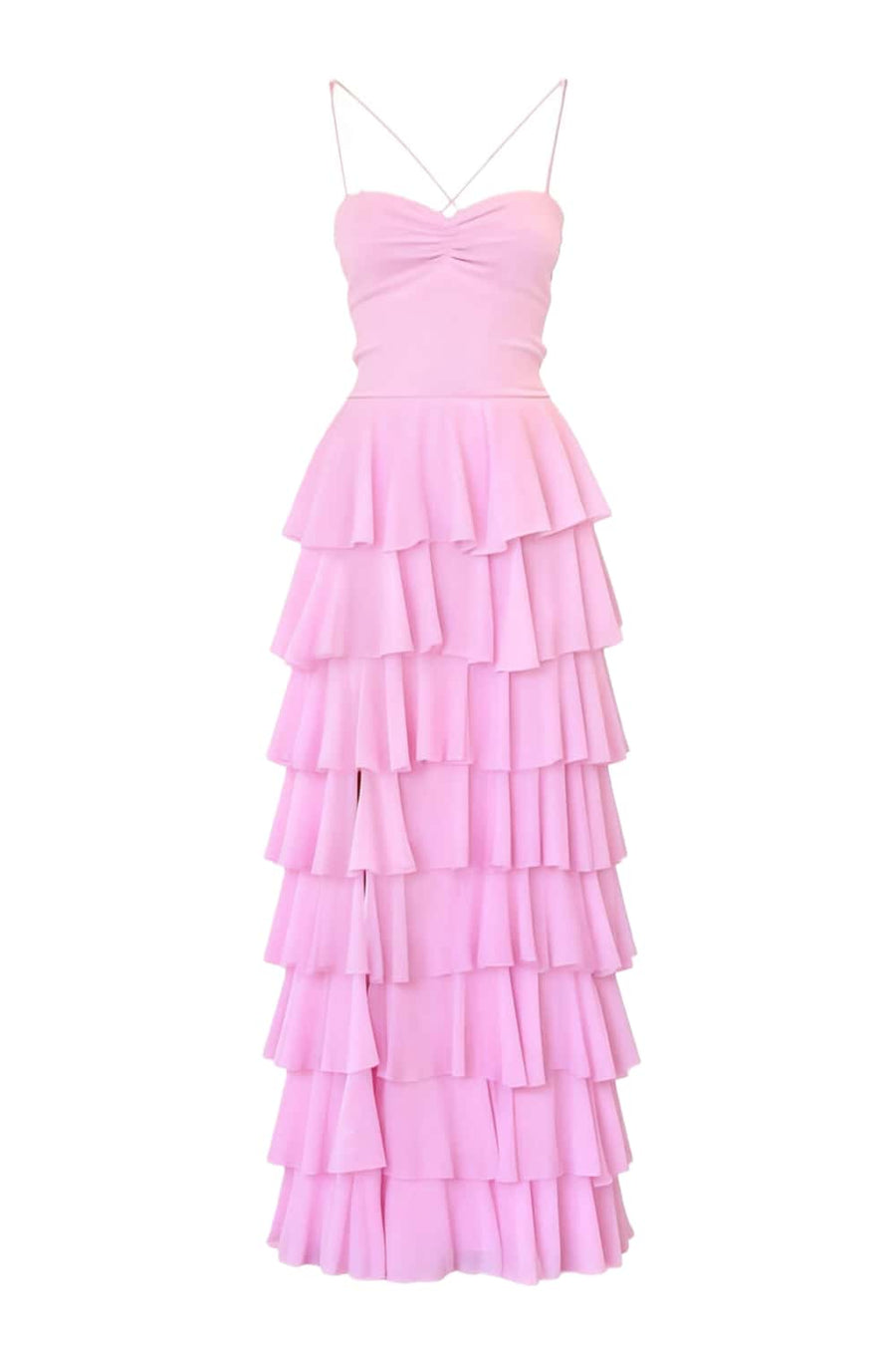 Blue Straps Ruched A-line Ruffle Maxi Dress