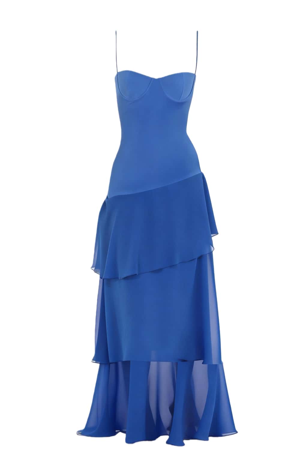 Straps Royal Blue Chiffon Ruffle Maxi Dress