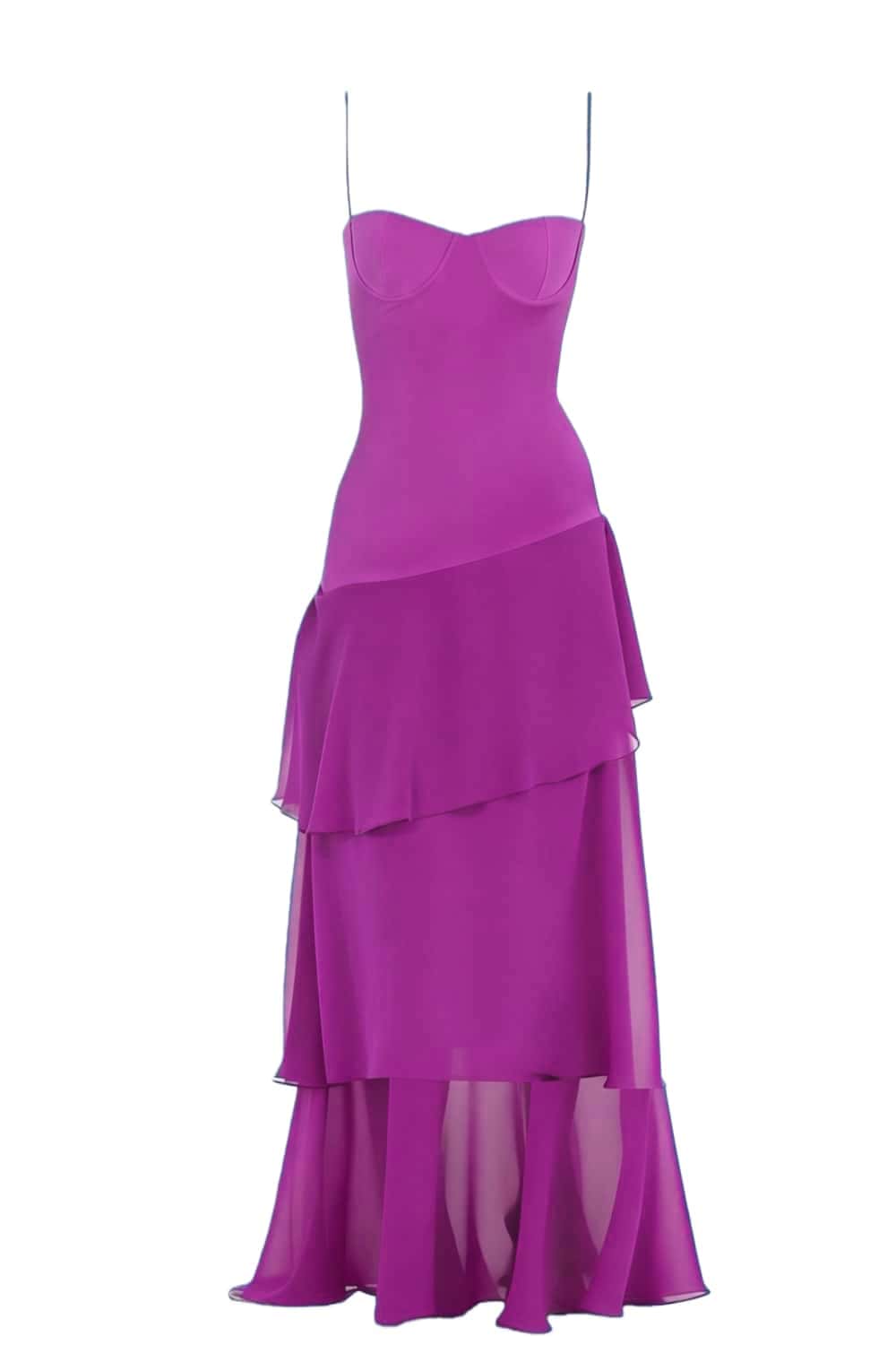 Straps Fuchsia Chiffon Ruffle Maxi Dress