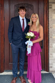 Straps Fuchsia Chiffon Ruffle Maxi Dress