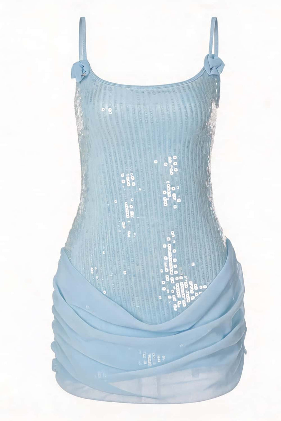 Light Blue Sequin Straps Ruched Tight Mini Dress