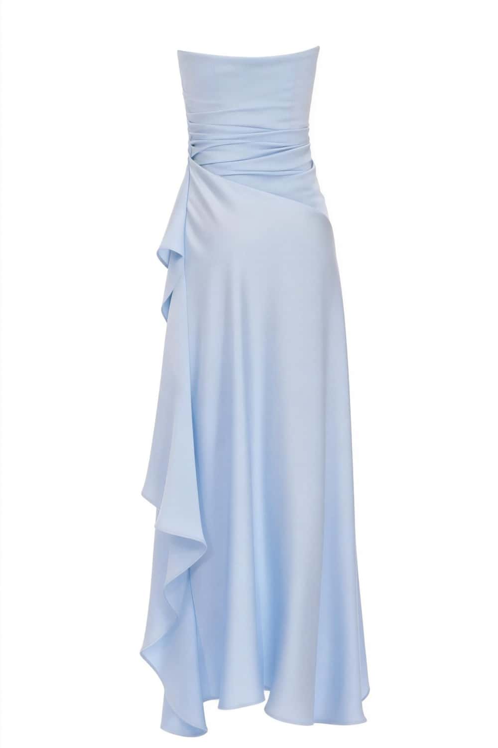 Sky Blue Strapless Ruched Slit Dress