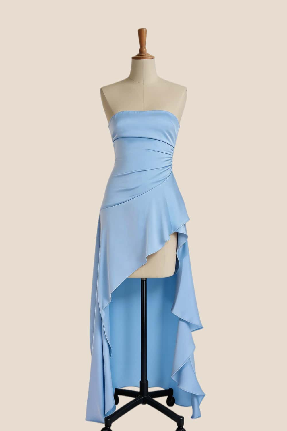 Sky Blue Strapless Ruched Slit Dress