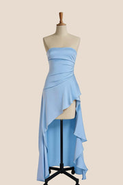 Sky Blue Strapless Ruched Slit Dress