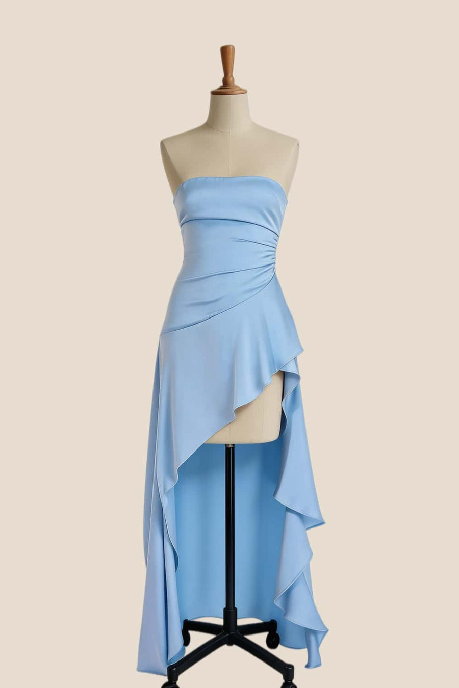 Sky Blue Strapless Ruched Slit Dress