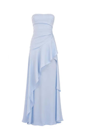 Sky Blue Strapless Ruched Slit Dress