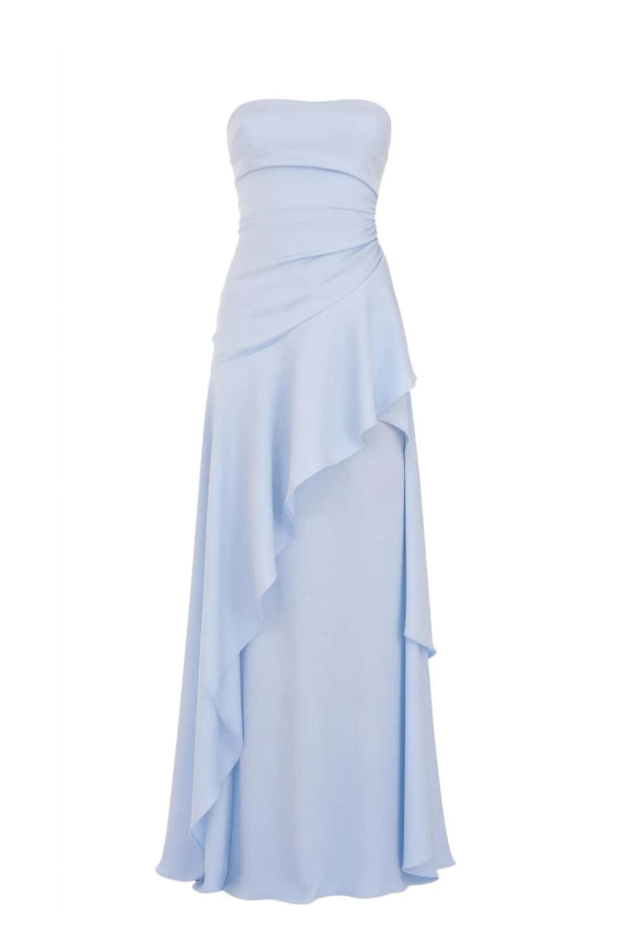 Sky Blue Strapless Ruched Slit Dress