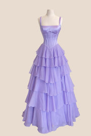 Square Neck Lavender Corset Ruffle Prom Dress