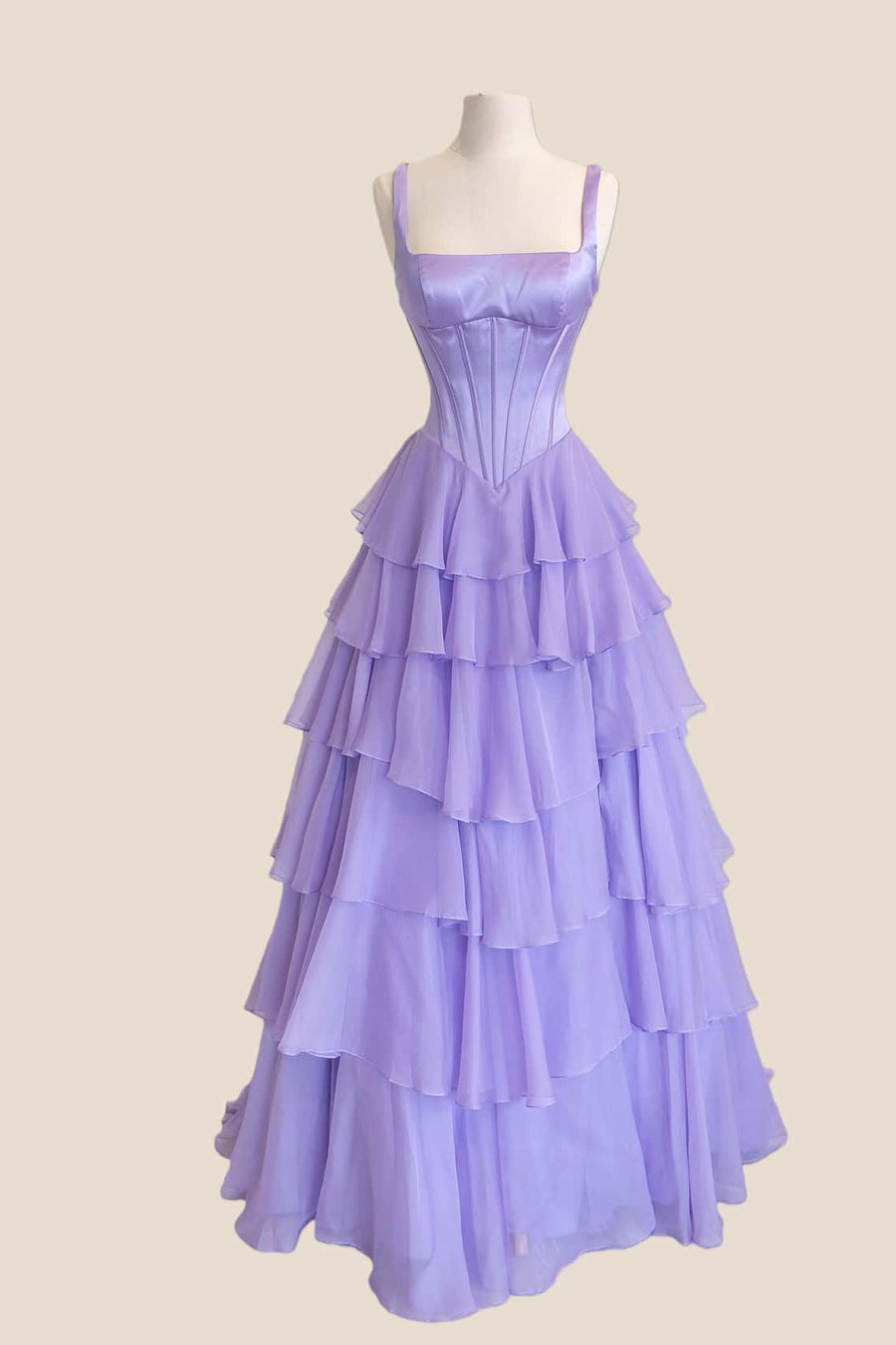 Square Neck Lavender Corset Ruffle Prom Dress