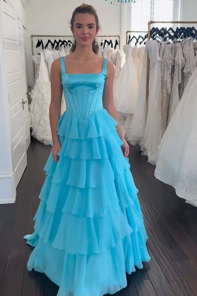 Square Neck Lavender Corset Ruffle Prom Dress