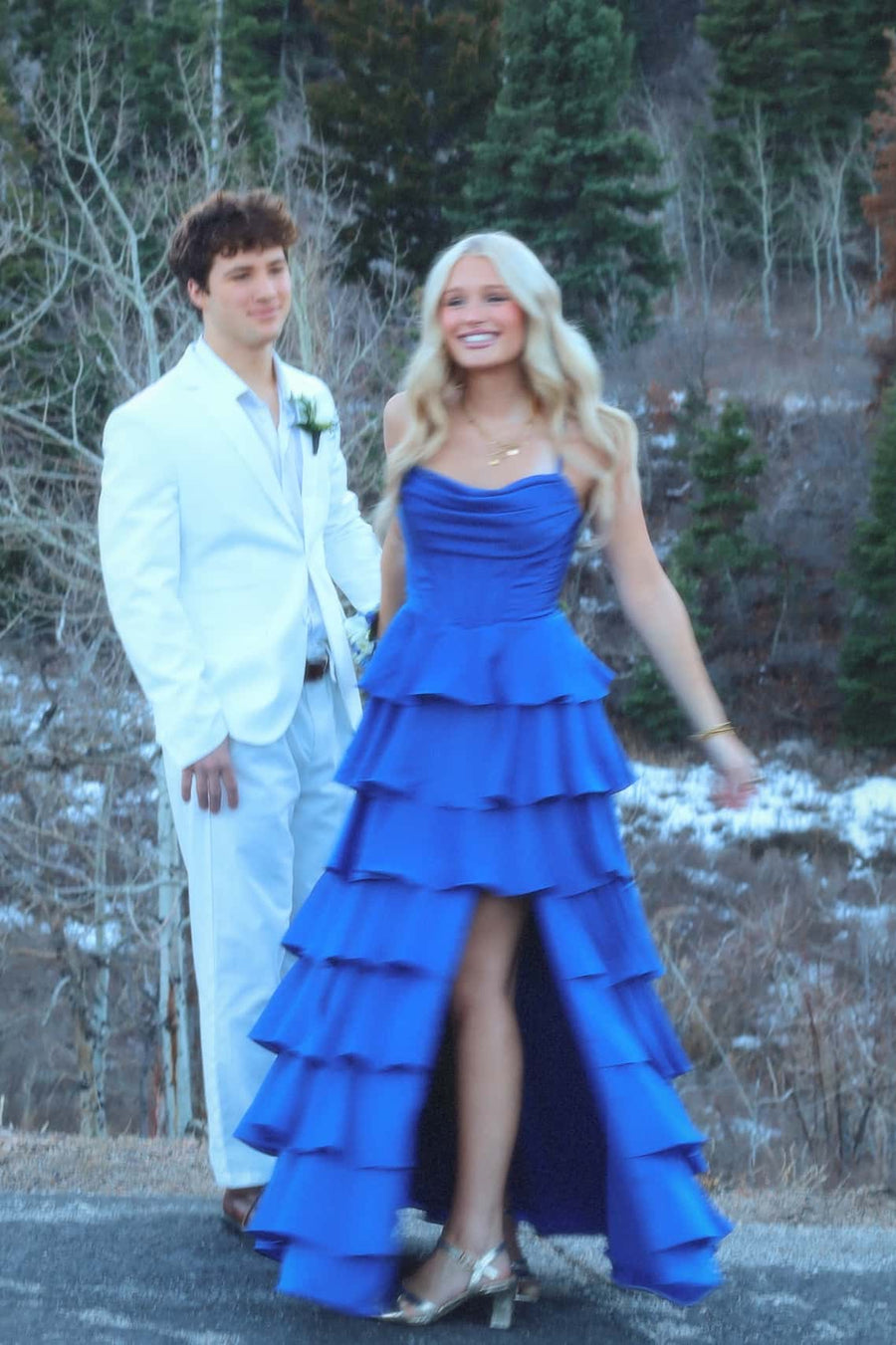 Cowl Neck Royal Blue Ruffle A-line Prom Dress