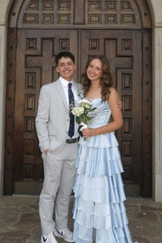 Cowl Neck Light Blue Ruffle A-line Prom Dress