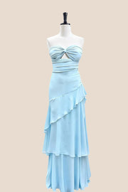 Keyhole Light Blue Chiffon Ruffle Maxi Dress