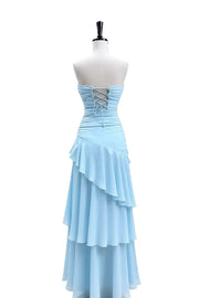 Keyhole Light Blue Chiffon Ruffle Maxi Dress