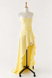 Strapless Yellow Soft Satin Slit Maxi Dress